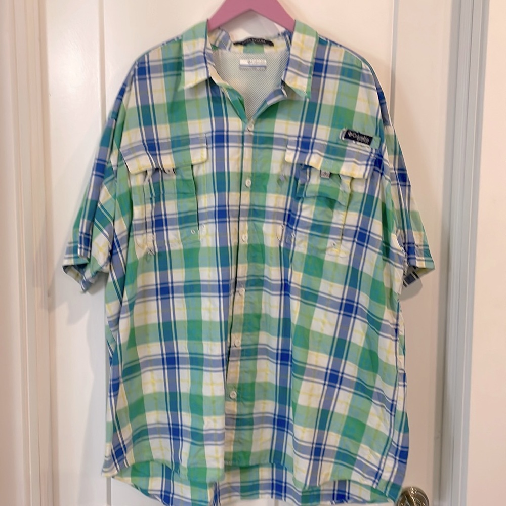 Men’s PFG Super Bahama Short Sleeve Shirt, green, blue, & yellow plaid, size XXL